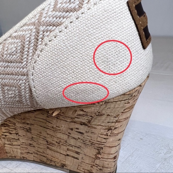 Toms Stella Beige Diamond Print Peep Toe Wedge Cork Heels - Picture 15 of 16